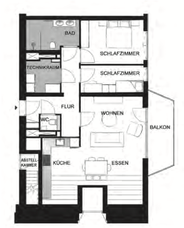 Grundriss einer Wohnung mit Schlafzimmer, Bad, Küche, Wohnen, Balkon und Flur.